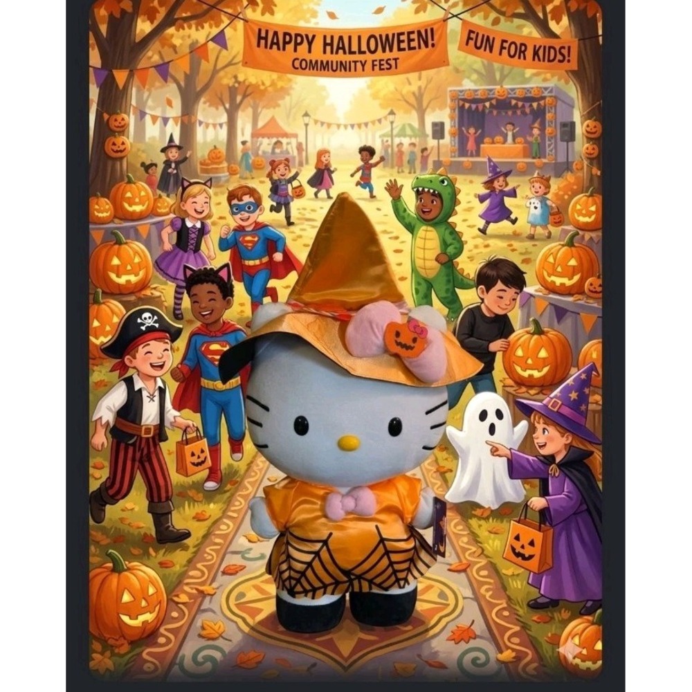 Hello Kitty Halloween Witch Plush Cat Greeter Doll 24 in White Orange Black